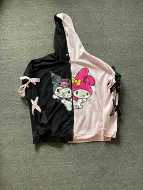 Kuromi and My Melody Split Color Hoodie with Ribbon Detail